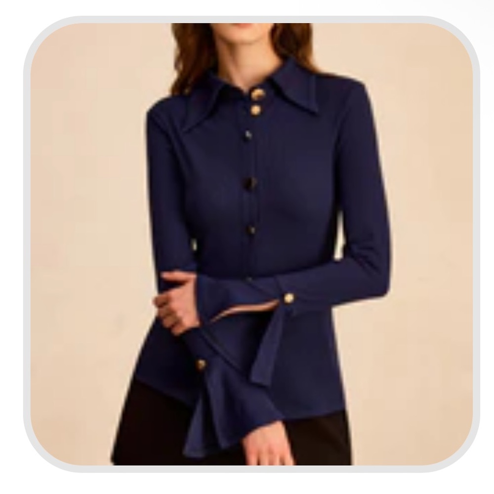 Commense Navy Blue Long-Sleeve Button-Down Blouse with Gold Buttons